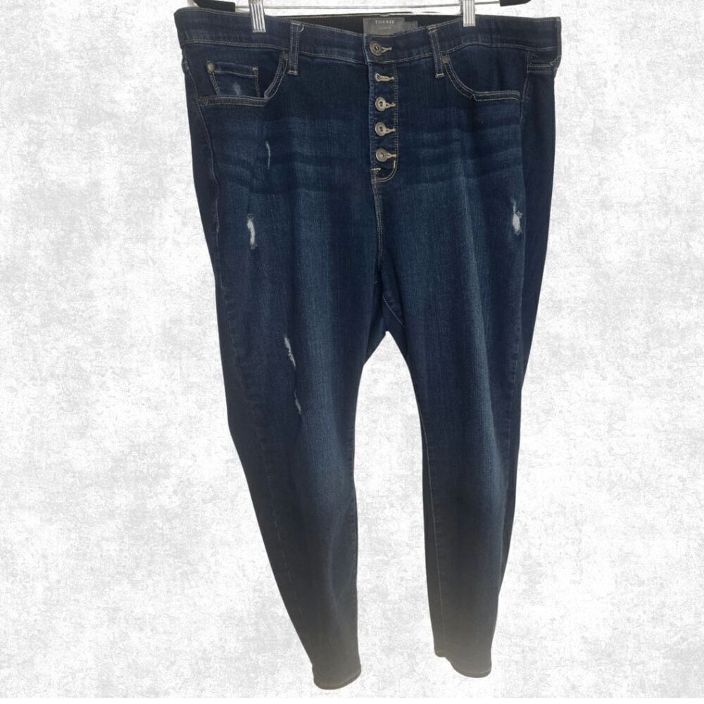 Torrid 22S Premium Stretch Skinny Jeans – Dark Wash Distressed Button Fly Plus S